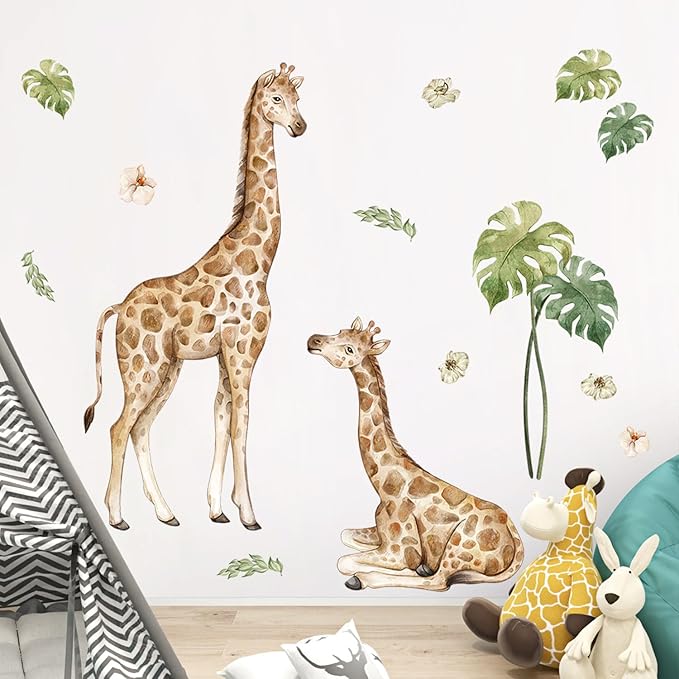 AM AMAONM Removable 3D Nature Jungle Wild Animals Wall Stickers DIY Peel and Stick Safari Giraffe and Tropical Leaves Wall Decals Aniaml Wall Art Decor for Kids Baby Bedroom Nursery Living Room