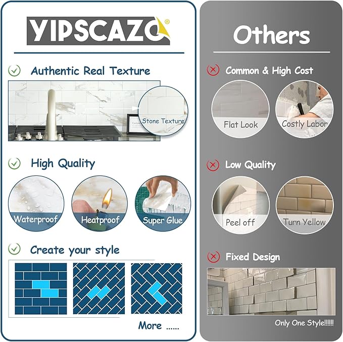 Yipscazo Peel and Stick backsplash 3 x 6 Inches 3D PVC Composite Wall Tile Stick on Backsplash Tile for Kitchen Bathroom, Laundry Room, Fireplace(Polished Marble, 160 Pieces)