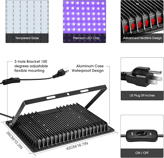 YANYCN 2 Pack 1000W LED Black Flood Light, Big Black Light Outdoor with Plug and Switch, IP66 Waterproof Blacklight for Glow Party, Halloween, Fluorescent Poster, Body Paint, Aquarium