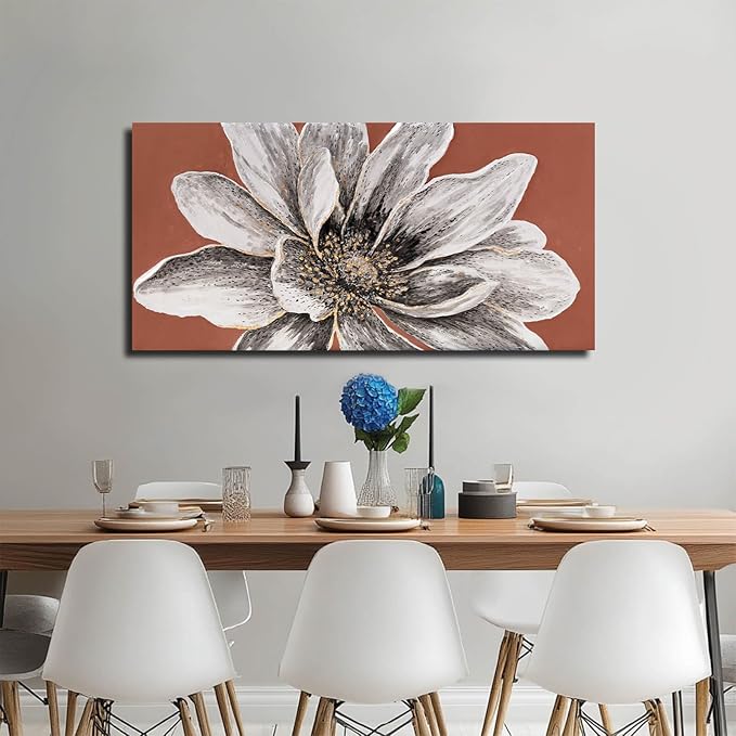 ZHENGYIN Floral Canvas Wall Art, Textured White Flower Painting with Terracotta Warm Tones, Rustic Modern Farmhouse Wall Decor for Living Room Bedroom, Above Sofa, 24x48 Inch