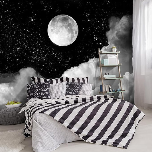 YIHWM -Gray Galaxy Universe Moon Fabric Wallpaper Ceiling Starry Night White Clouds Living Room Bedroom Bathroom Boys and Girls Children's Room Large Mural- 183"x120"（ not Peel and Stick）