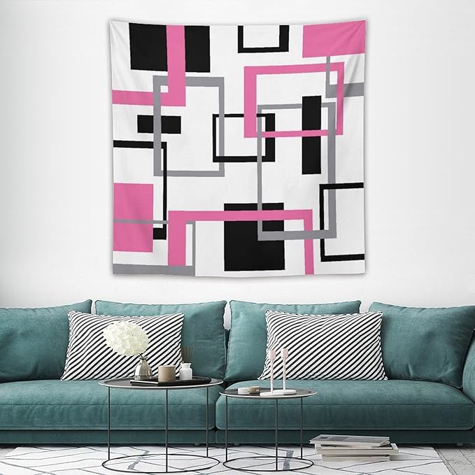 ZhiRain Pink Tapestry Wall Hanging Modern Geometric Abstract Pink Grey White Background Mid Century Square Tapestries Home Decor for Living Room Bedroom Apartment Farmhouse Dorm 60"x60"