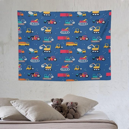 ZhiRain Cartoon Cars Print Tapestry Wall Hanging for Kids Room Cartoon Shovel And Trucks Blue Tapestries Home Decor for Living Room Bedroom Apartment Farmhouse Dorm 30"x40"