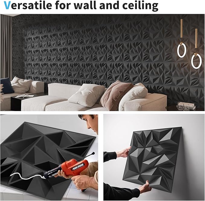 Art3d 50-Pack 3D Wall Panels for Interior Wall Decor, Modern Diamond Textured Accent Wall Paneling for Gaming Living Room TV Wall Background, 12 x 12 inch Black