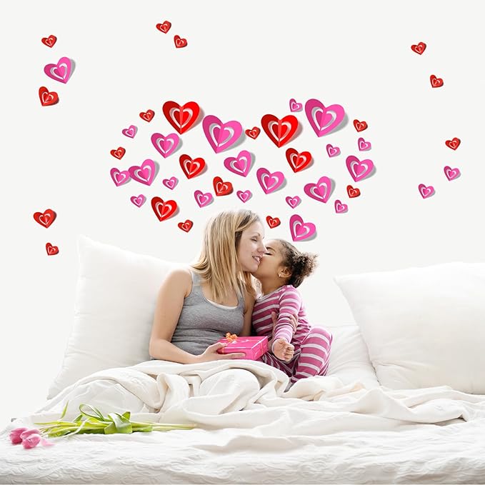 60 Pcs Valentines Day Wall Decorations - 3D Heart Stickers, Waterproof Wall Decals for Home, Bedroom, Wedding, Anniversary, Party, Office, and School Decor (Red)