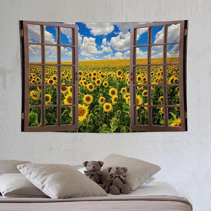 ZhiRain Sunflowers Scenery Tapestry Wall Hanging Fields Blue Sky White Clouds Landscape Tapestries Home Decor for Living Room Bedroom Farmhouse Apartment Dorm 40"x60"