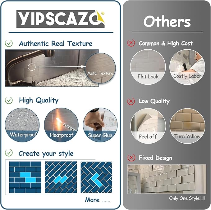 Yipscazo 2026 New Upgrade Peel and Stick backsplash 3 x 6 Inches 3D PVC Composite Wall Tile Stick on Backsplash Tile for Kitchen Bathroom, Laundry Room, Fireplace(Metal Composite, 32 Pieces)