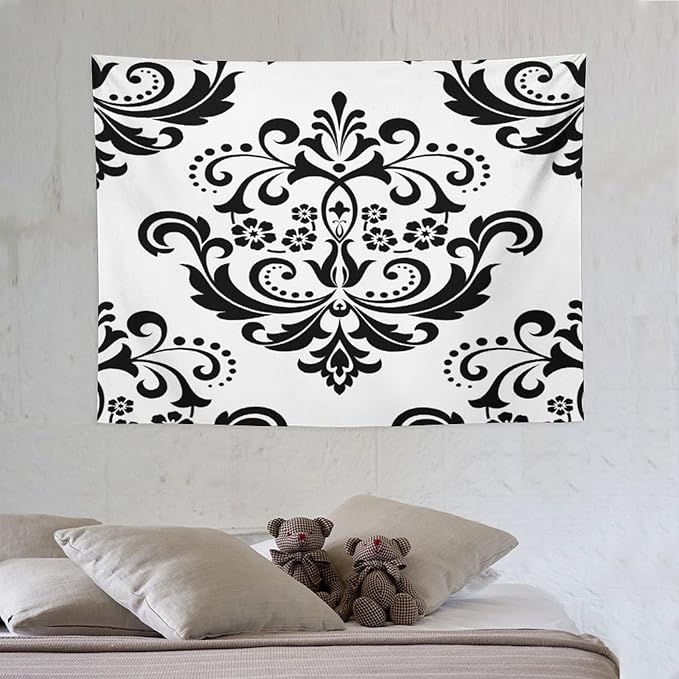 ZhiRain Baroque Damask Floral Pattern Tapestry Wall Hanging Flowers on Black And White Antique Gothic Tapestries Home Decor for Living Room Bedroom Farmhouse Apartment Dorm 30"x40"