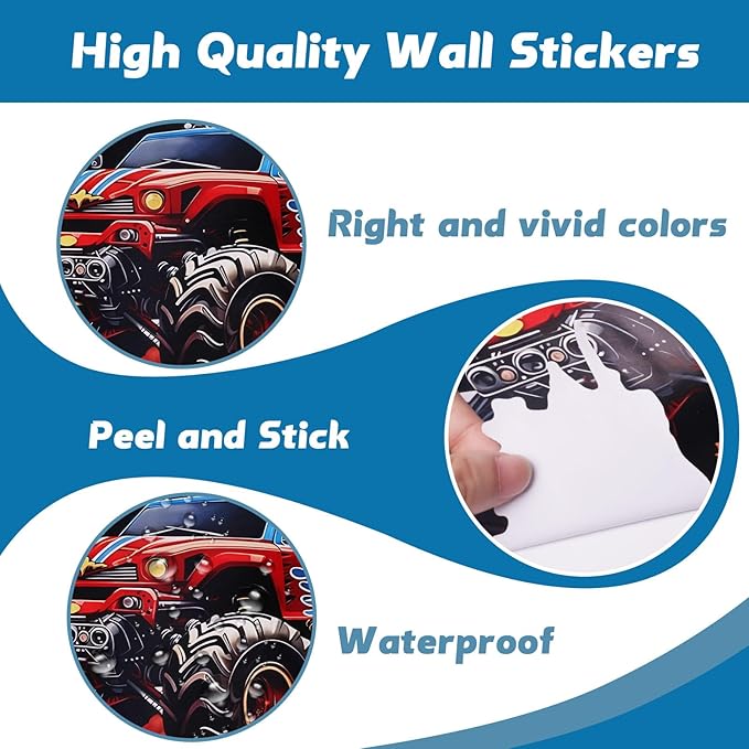 3D Racing Cars Wall Decals Removable Peel and Stick Window Clings 1 Large Trucks for Kids Bedroom, Boys Room, Playroom Decor