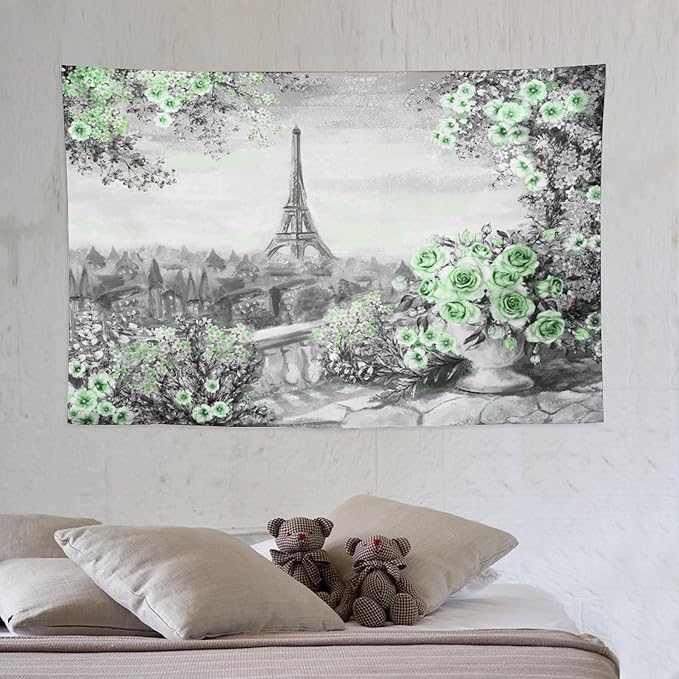 ZhiRain Vintage Paris Tapestry Wall Hanging Eiffel Tower Green Rose Flower Spring Cityscape Gray Tapestries Home Decor for Living Room Bedroom Apartment Farmhouse Dorm 40"x60"