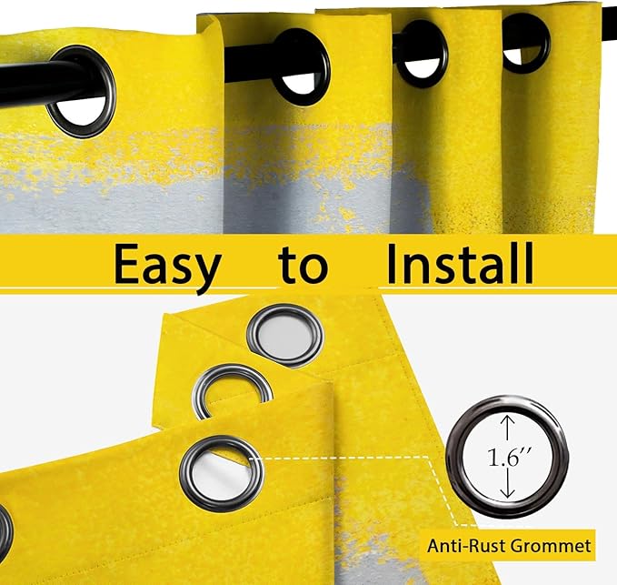 Yellow Window Curtain Yellow Grey Abstract Thermal Insulating Drapes Rust Art Treatment Drapes Modern Curtains for Living Room Bedroom Hotel, 52" x 63", 2 Panels