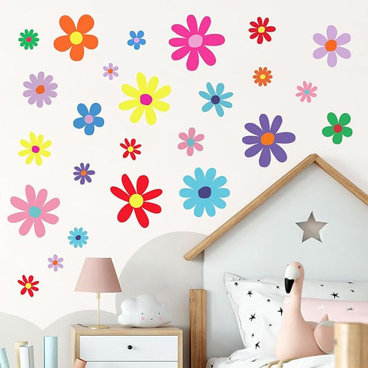 12 Sheets Daisy Wall Decals Boho Flower Wall Stickers Cute Kids Girls Room Decor Peel and Stick Floral Decals Toddler Nursery Playroom Living Room Bedroom Classroom Retro Hippie Decor Bright Style