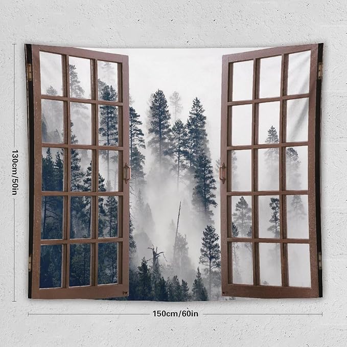 ZhiRain Misty Forest Landscape Tapestry Wall Hanging Wooden Window Forest Mountain Tree Scenery Tapestries Home Decor for Living Room Bedroom Apartment Farmhouse Dorm 50"x60"
