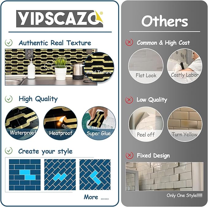 Yipscazo Peel and Stick backsplash 3 x 6 Inches 3D PVC Composite Wall Tile Stick on Backsplash Tile for Kitchen Bathroom, Laundry Room, Fireplace(Black with Gold, 32 Pieces)