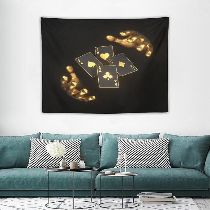ZhiRain Poker Theme Tapestry Wall Hanging Modern Black Gold Playing Cards Art Printed Tapestries Home Decor for Living Room Bedroom Farmhouse Apartment Dorm 30"x40"