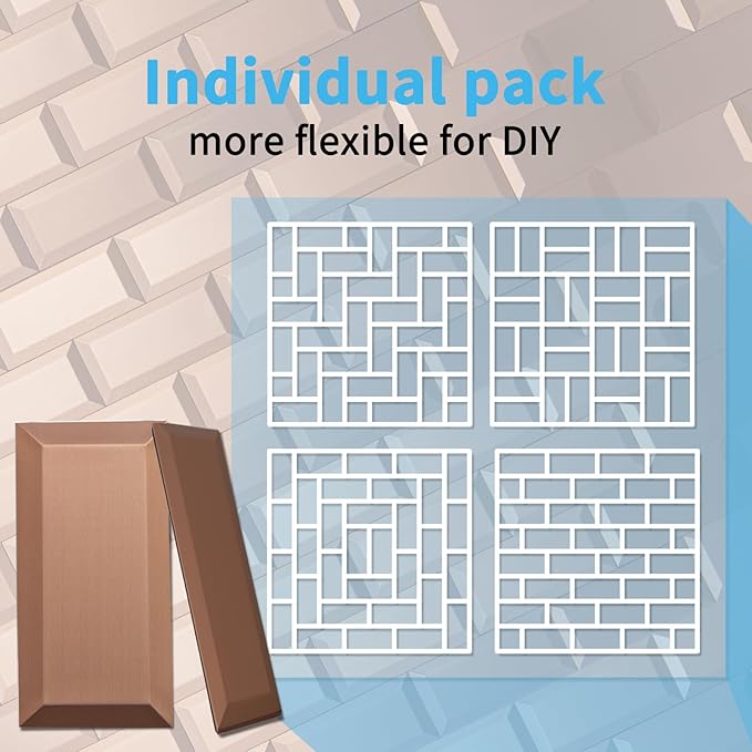 Art3d 100 Pcs Peel and Stick Backsplash Tiles, 3D Textured Metal Stick On Subway Wall Tiles for Kitchen Back Splashes, Bathroom, Laundry Room, 3 x 6 Inch, Copper