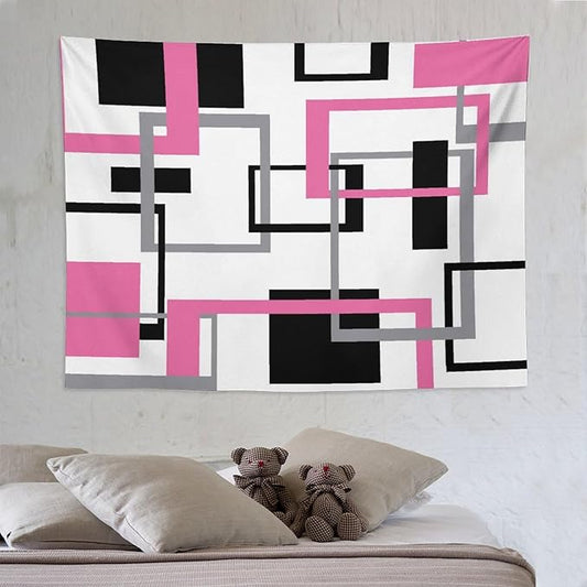 ZhiRain Pink Tapestry Wall Hanging Modern Geometric Abstract Pink Grey White Background Mid Century Square Tapestries Home Decor for Living Room Bedroom Apartment Farmhouse Dorm 60"x80"