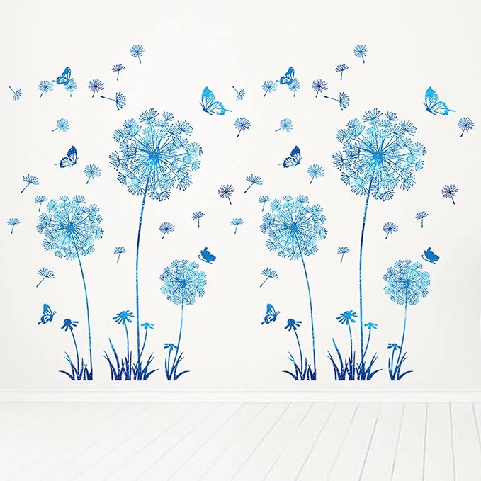 Arawat 2 Set Dandelion Wall Decals - Blue Flower Stickers, Murals, Butterflies Decor for Bedroom, Office, Bathroom, Living Room - Floral Removable Peel and Stick Room Decoration