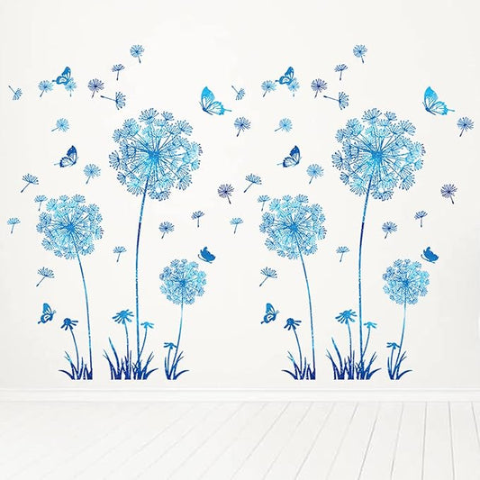 Arawat 2 Set Dandelion Wall Decals - Blue Flower Stickers, Murals, Butterflies Decor for Bedroom, Office, Bathroom, Living Room - Floral Removable Peel and Stick Room Decoration