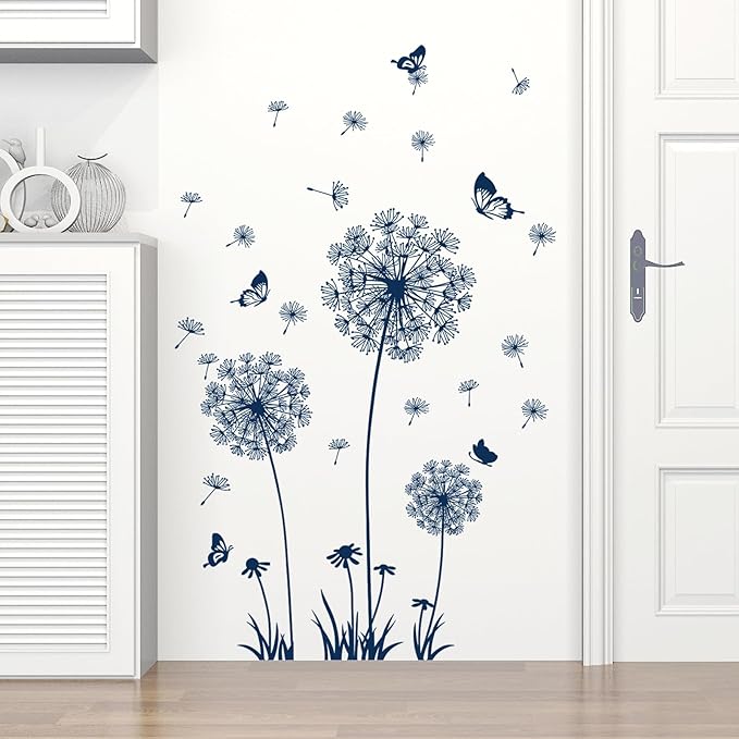 2 Sheets Dandelion Wildflower Wall Decals Art, Calcomanías para Pared Peel and Stick Floral Butterflies Flying Decor for Girls Kids Women Baby Nursery Bedroom Bathroom Sofa Backdrop TV Wall (Blue)
