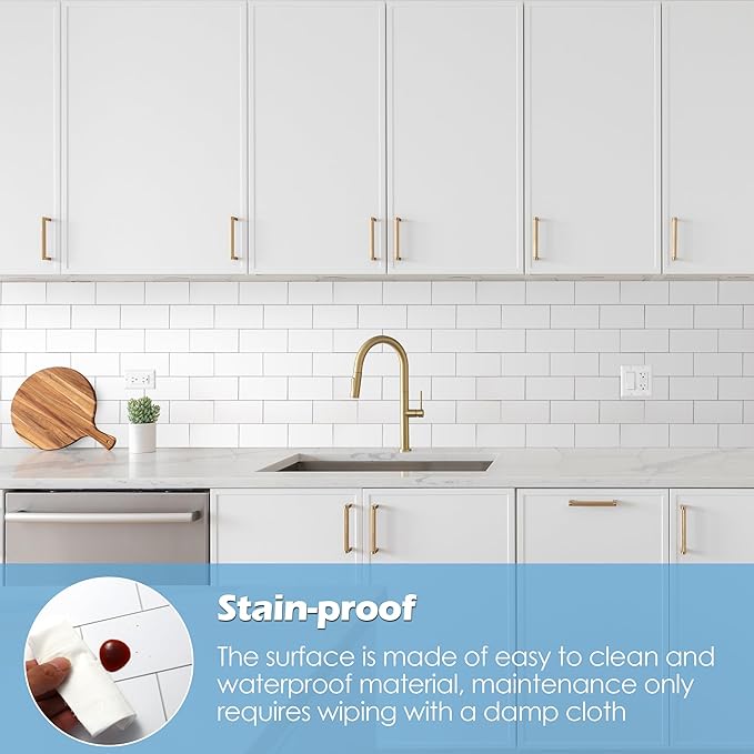 10-Pack Peel and Stick Tile Backsplash 12"X12" PVC Wall Tiles, Stick on Backsplash for Kitchen, Bathroom Tile, Fireplace Décor, Laundry Table, Stair Decals in Pure White