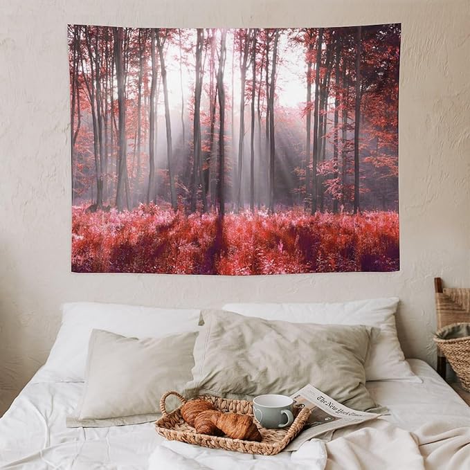 ZhiRain Red Forest Tapestry Wall Hanging Season Foggy Nature And Enchanted Woods Wild Trees Print Tapestries Home Decor for Living Room Bedroom Apartment Farmhouse Dorm 30"x40"