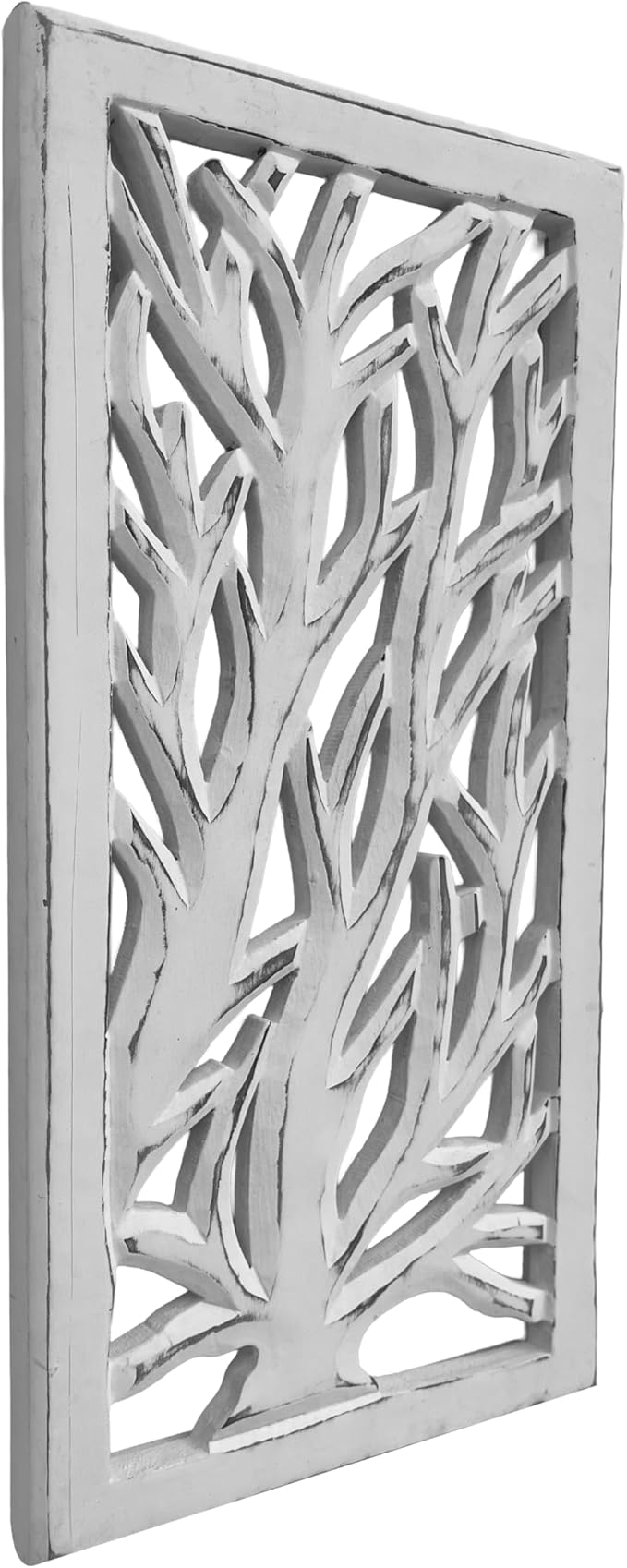 Wood Wall Art - Wall Panels in Handcrafted Carved Wood For Livingroom Bedroom,Dining room,Elegant Decorative Wall Art for Home & Office 8x16" Set of 2 White Antique_Tree Leaf Designs