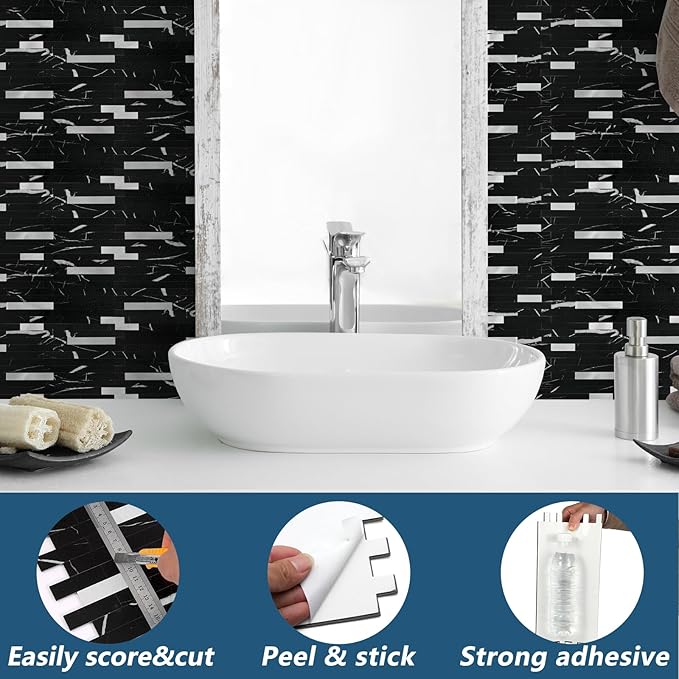 Yipscazo 40 Sheets Peel and Stick Stone Metal Backsplash Tiles, PVC Wall Tiles Stick on Backsplash for Kitchen, Bathroom (6'' X 12'', Black Rock)