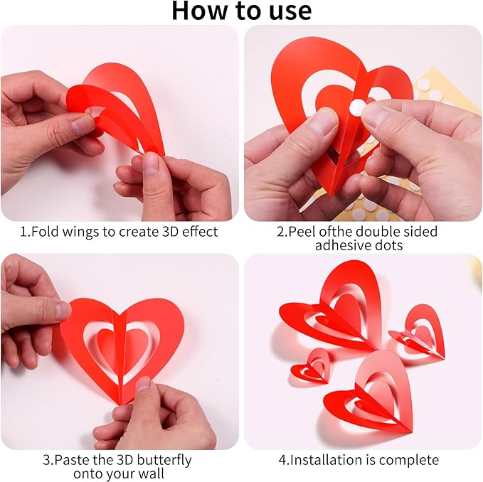 60 Pcs Valentines Day Wall Decorations - 3D Heart Stickers, Waterproof Wall Decals for Home, Bedroom, Wedding, Anniversary, Party, Office, and School Decor (Red)