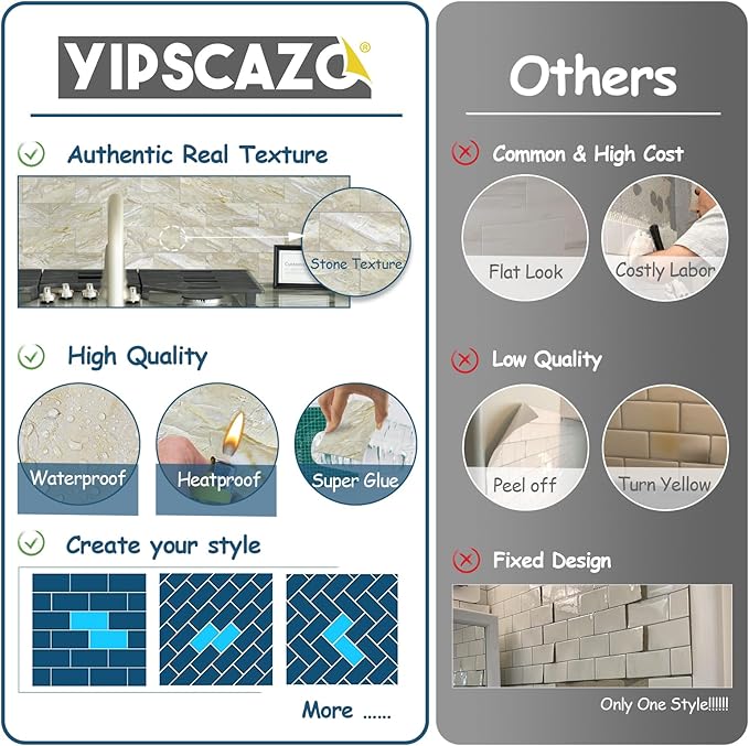 Yipscazo Peel and Stick backsplash 3 x 6 Inches 3D PVC Composite Wall Tile Stick on Backsplash Tile for Kitchen Bathroom, Laundry Room, Fireplace(Polished Beige, 100 Pieces)