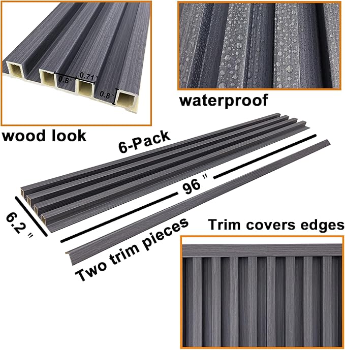 YLL YLL 6-Pack Slat Wall Panel with 2 Trims Wood Grain Slat Wall 96" x 6.2" WPC Slats 3D Wall Panels Grey Grille