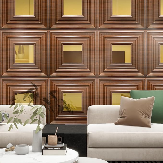 12 Pack PVC Ceiling Tiles 19.7"x19.7" – Gold Mirror & Wood Grain 3D Wall Panels for Wall and Ceiling Decoration,Cover 32.3 Sq.Ft – Waterproof,Lightweigh(Dark Brown, Gold)