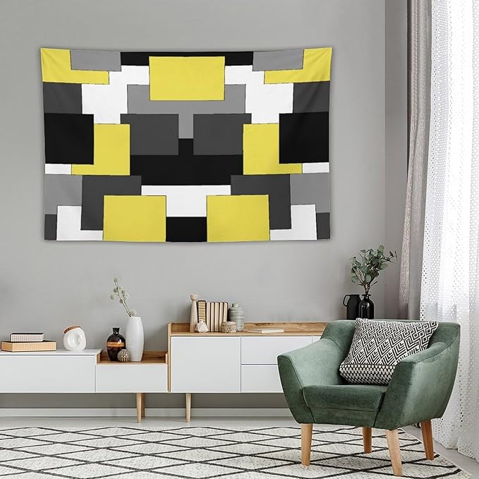 ZhiRain Yellow And Black Tapestry Wall Hanging Gray White Geometric Silver Dark Abstract Square Art Tapestries Home Decor for Living Room Bedroom Apartment Farmhouse Dorm 60"x90"