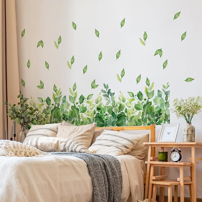 3 Pieces Green Leaves Wall Decals Vinyl Green Vines Wall Stickers Removable Art Murals Peel and Stick Leaves Decor for Girls Bedroom Living Room Nursery