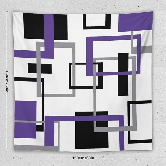 ZhiRain Purple Tapestry Wall Hanging Mid Century Modern Geometric Abstract Lavender Black Grey Square White Backdrop Tapestries Home Decor for Living Room Bedroom Apartment Farmhouse 60"x60"
