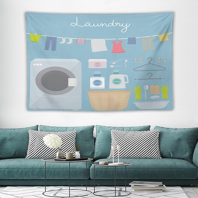 ZhiRain Laundry Room Tapestry Wall Hanging Blue Cartoon Wash Dry Fold Tapestries Home Decor for Living Room Bedroom Farmhouse Apartment Dorm 40"x60"