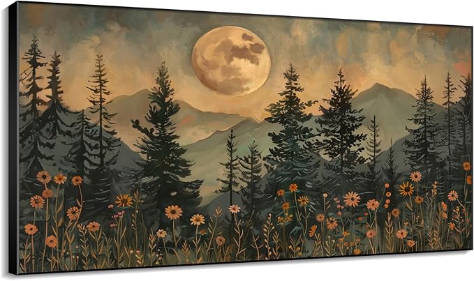 36"x60" XL Framed Wall Art - Enchanted Forest Nightscape with Moon Nature (Frame Assembly Required)
