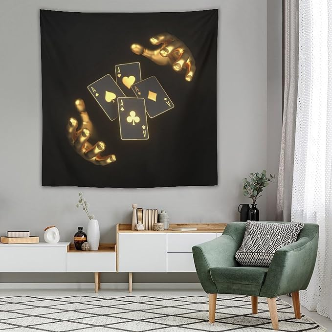 ZhiRain Poker Theme Tapestry Wall Hanging Modern Black Gold Playing Cards Art Printed Tapestries Home Decor for Living Room Bedroom Farmhouse Apartment Dorm 60"x60"