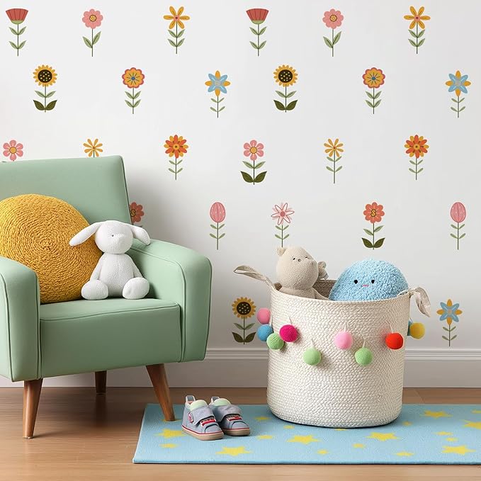 YouRfocus Boho Flower Wall Decals for Nursery & Kids Room – Set of 36 Floral Wall Stickers, Removable Peel and Stick Boho Home Decor, Pastel Wall Art (6 Sheets)
