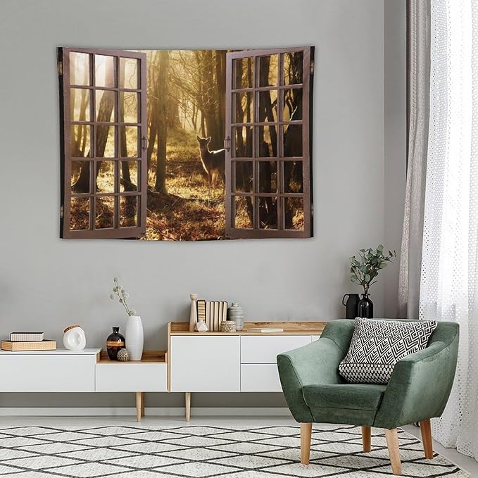 ZhiRain Forest Tapestry Wall Hanging Natural Forest And Deer at Sunset Pattern Tapestries Home Decor for Living Room Bedroom Apartment Farmhouse Dorm 30"x40"