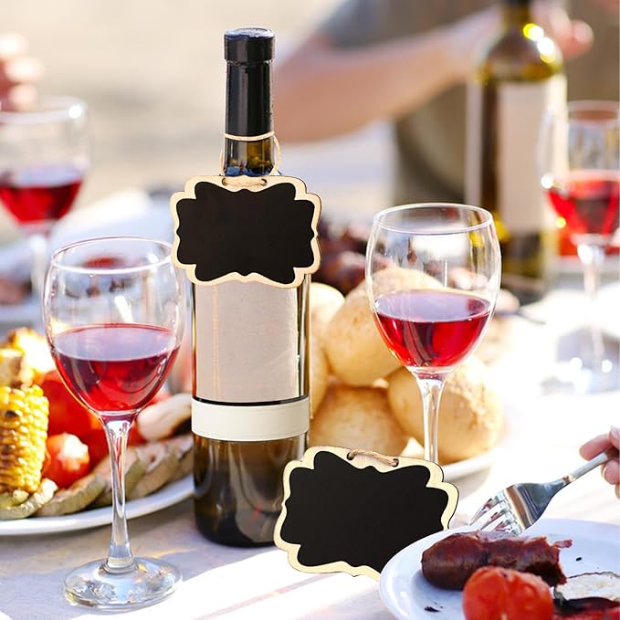 24PCS Reusable Chalkboard Tags with String, ULENDIS 2.36x3.35 Inch Wooden Chalkboards Signs with Gold and Silver Markers, Double-Sided Blackboard for Message Board Signs, Hanging Chalkboard Labels