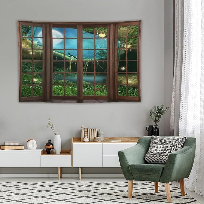 ZhiRain Fantasy Landscape Tapestry Wall Hanging Wooden Window Enchanted Forest Green Jungle Magic Full Moon Plant Night Scene Tapestries Home Decor for Living Room Bedroom Apartment Farmhouse 60"x90"