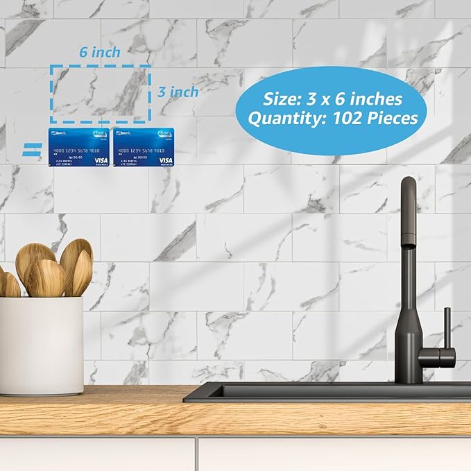 Art3d 102-Piece Faux Stone Peel and Stick Backsplash Tile, Waterproof Thick PVC Stick On Subway Wall Tile for Kitchen Bathroom Laundry Room Fireplace - 3" x 6" Gray Marble