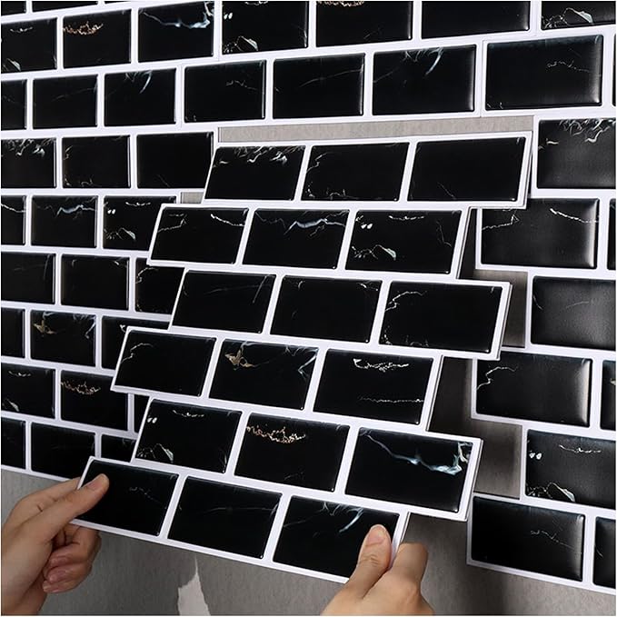 3D Wall Panels,3D Brick Wallpaper Peel and Stick,Faux Brick Wall Panel,10PCS of 11.8" x 11.8" Black Brick Wallpaper Stick on Tile for Kitchen, Bedroom, Living Room,TV Background.