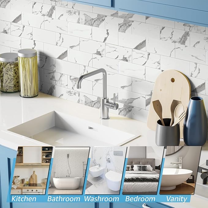 Art3d 102-Piece Faux Stone Peel and Stick Backsplash Tile, Waterproof Thick PVC Stick On Subway Wall Tile for Kitchen Bathroom Laundry Room Fireplace - 3" x 6" Gray Marble