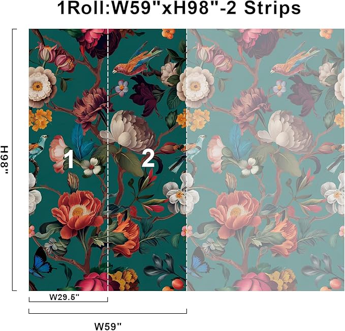 Zeeko Floral Peel and Stick Wallpaper Removable Mural Vintage Wallpaper (59" W x 98") Self-Adhesive Wall Mural for Bedroom Livingroom Home Art Decor, Blue