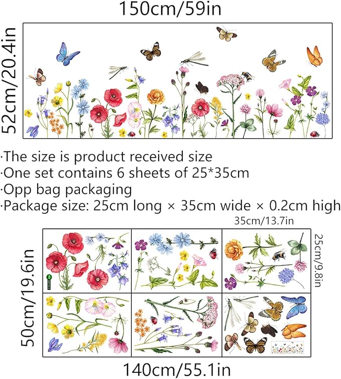 6 Pieces Flowers Wall Decals Vinyl Flowers Wall Stickers Removable Floral Murals Peel and Stick Colorful Flower Decor for Girls Bedroom Living Room Nursery (Butterfly and Dragonfly)