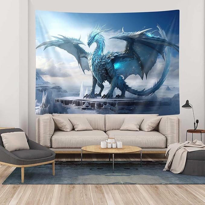 YDIDIAN Bule Dragon Tapestry, Medieval Fantasy Animals Cool Dragon Tapestry, Winter Snow Regions Art Aesthetics Wall Decor Tapestry Wall Hanging for Home College Dorm Living Room, Panels 90 x 70IN