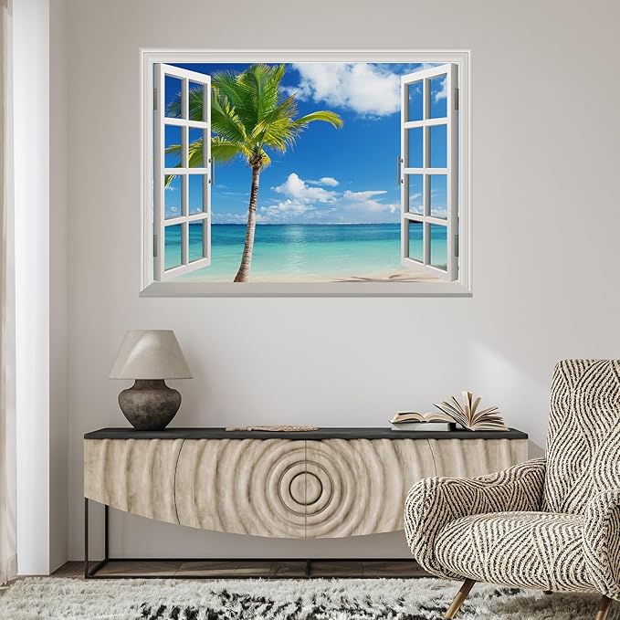 wall26 Grand Waterfall Green Mountain Open Window Mural Wall Sticker (24"x32", Tropical View)