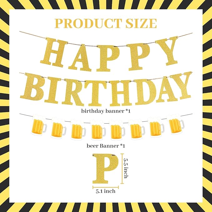 ZHENGYE Gold Birthday Party Decorations Set Beer Happy Birthday Banner Beer Banner Beer Balloons Latex Balloon Beer Themed Party Men Women Birthday Party Decorations